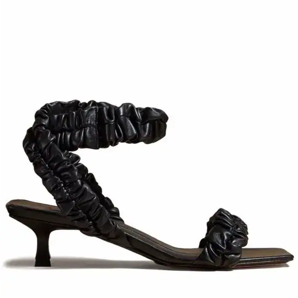 KHAITE Lexington Black Ruched Strap Kitten Heel Sandals